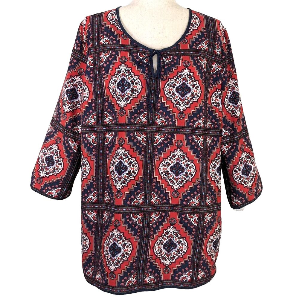 Kut From The Kloth Women's XL Red Blue Abstract Print Pullover Tunic Top